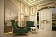 Residential Bungalow Living Room Design With Green Chesterfield Chair