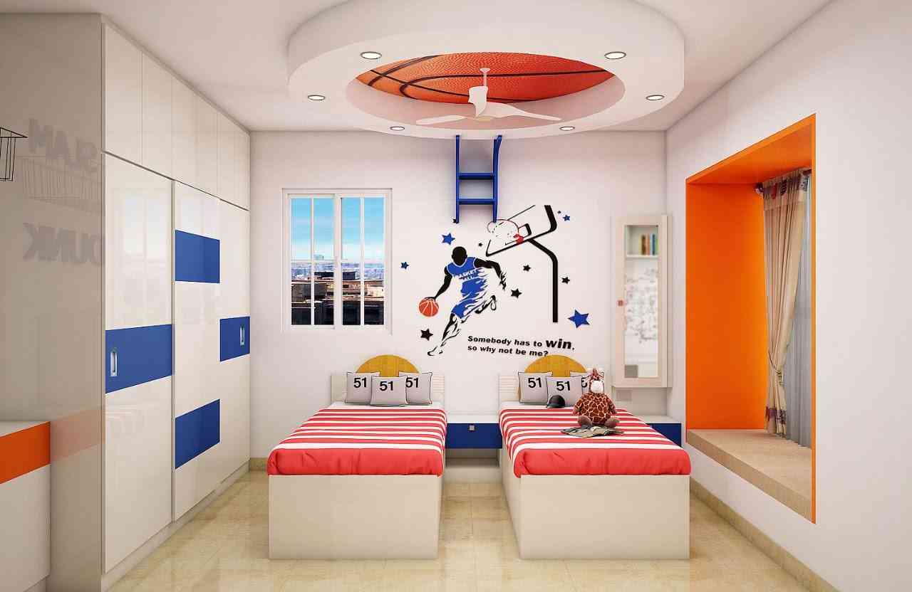 Contemporary Kids Bedroom Design With A White Double Bed And Orange Accent Wall