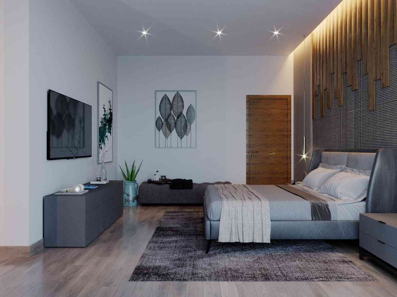 Modern Bedroom Design With Ice Blue Wall Paint And Graphic Wall Art