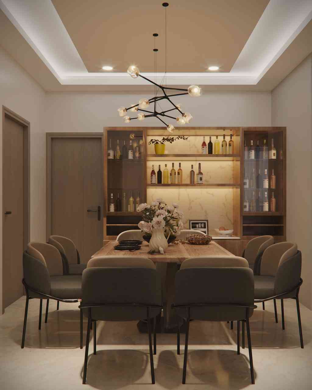 Dining Room Design With Cabinet For Displaying Beverages