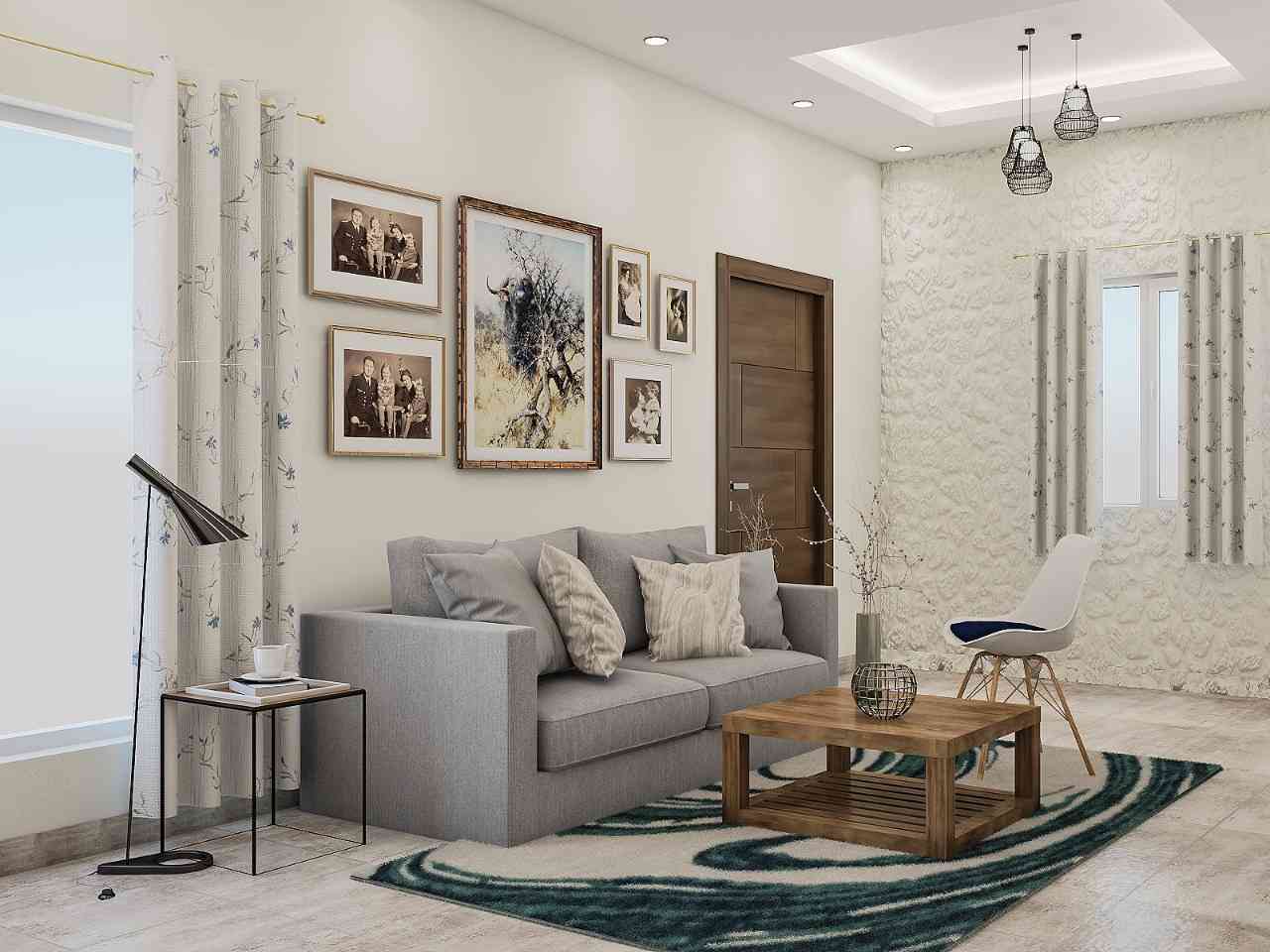 Modern Blue And Grey Living Room Design With Wall Gallery