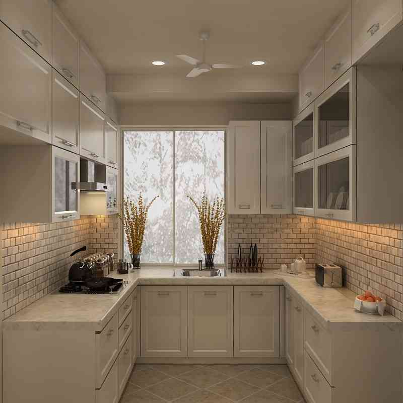 Contemporary Style Modular Kitchen Design With Wall Bricks