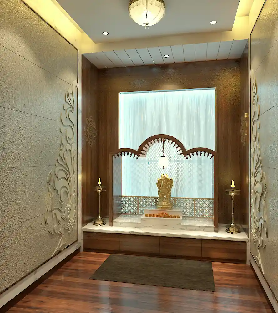 Elegant Puja room with wood temple by SDG India | KreateCube