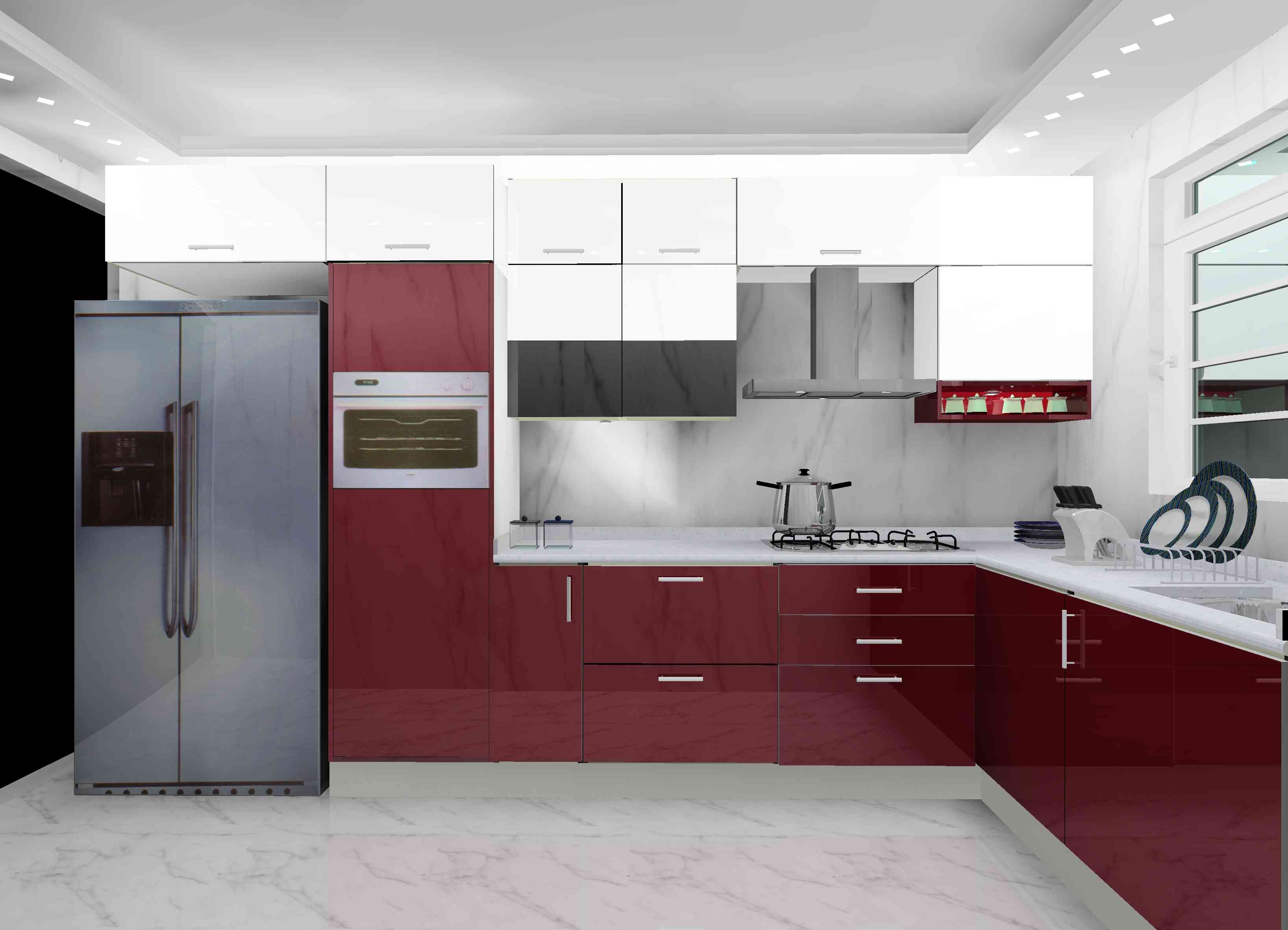 Contemporary L-Shaped Laminated Modular Kitchen Design With Red And White Cabinets