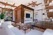 Modern Living Room Design With White Sofa And Wood Color Combination