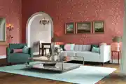 Living Room Design With Vintage Floral Wallpaper And Customized Modern Furniture