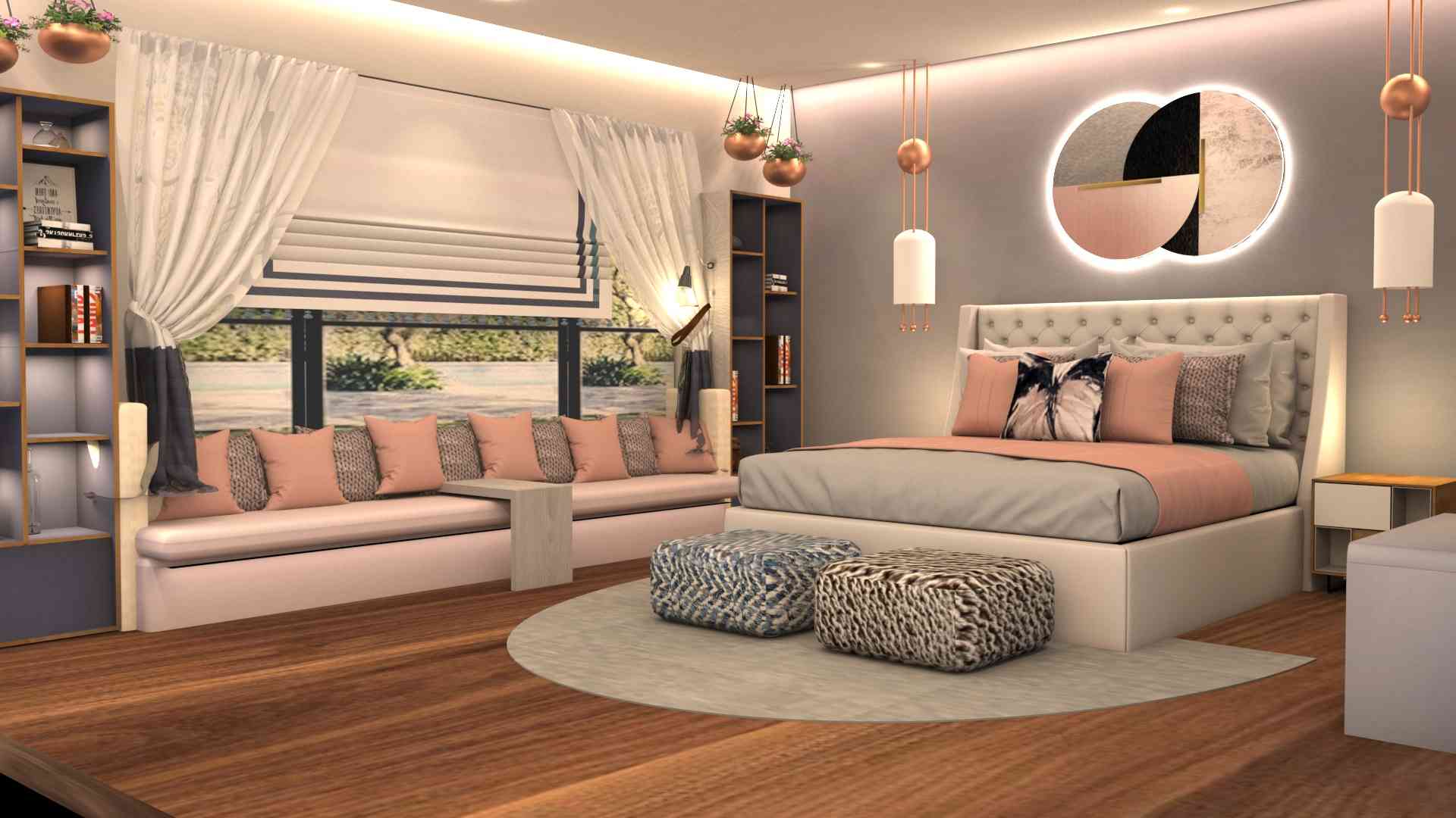 Transitional Master Bedroom Design With Pendant Lights