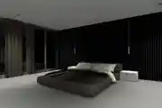 Modern Bedroom Design With A Dark Wooden Double Bed With A Headboard