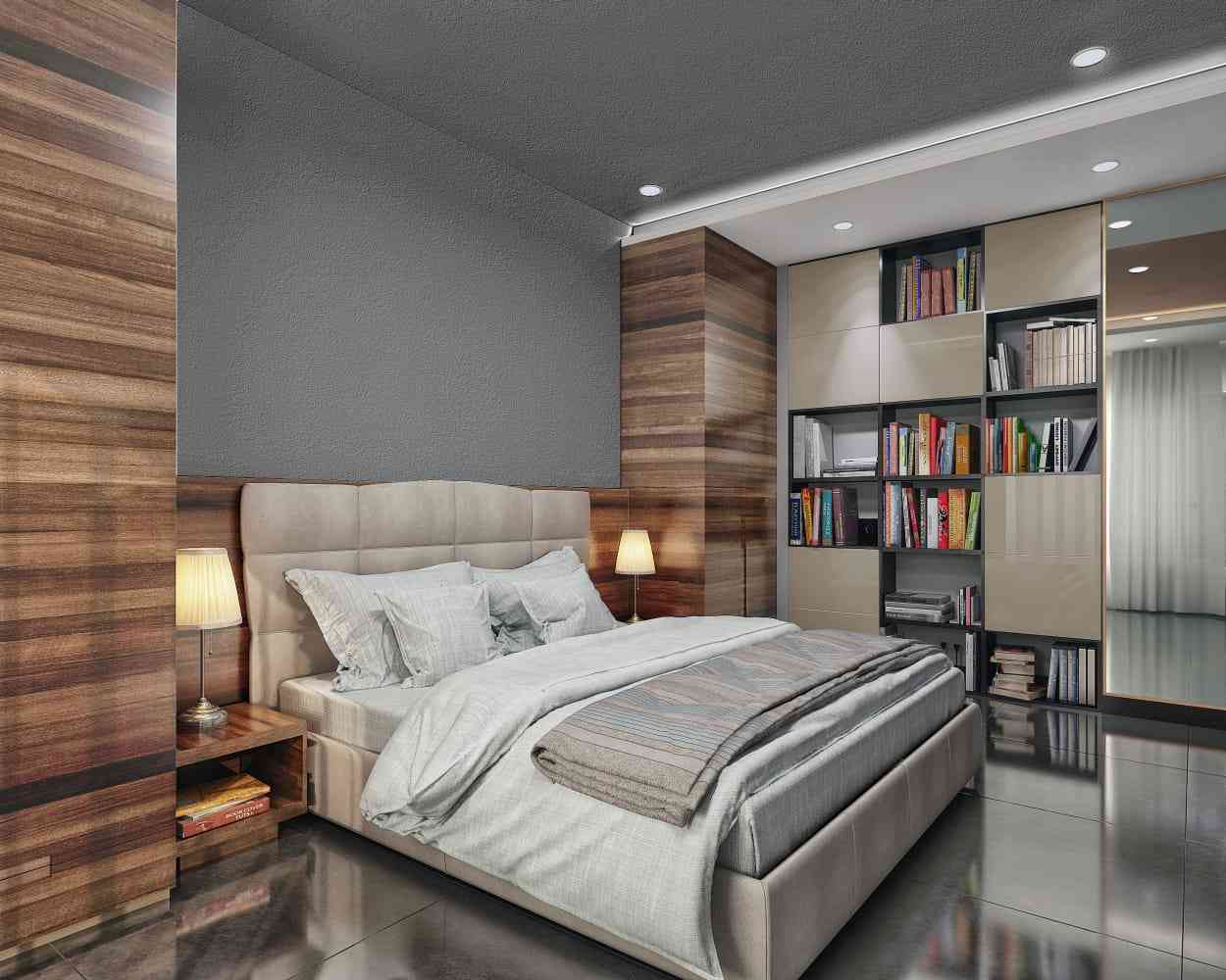 Minimal Grey Master Bedroom Design With Bookshelf