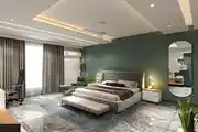 Mid Century Modern Bedroom Design With Green Accent Wall And Study Table