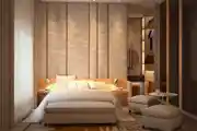 Relaxing Bedroom Interior Design With A White And Wooden Double Size Bed