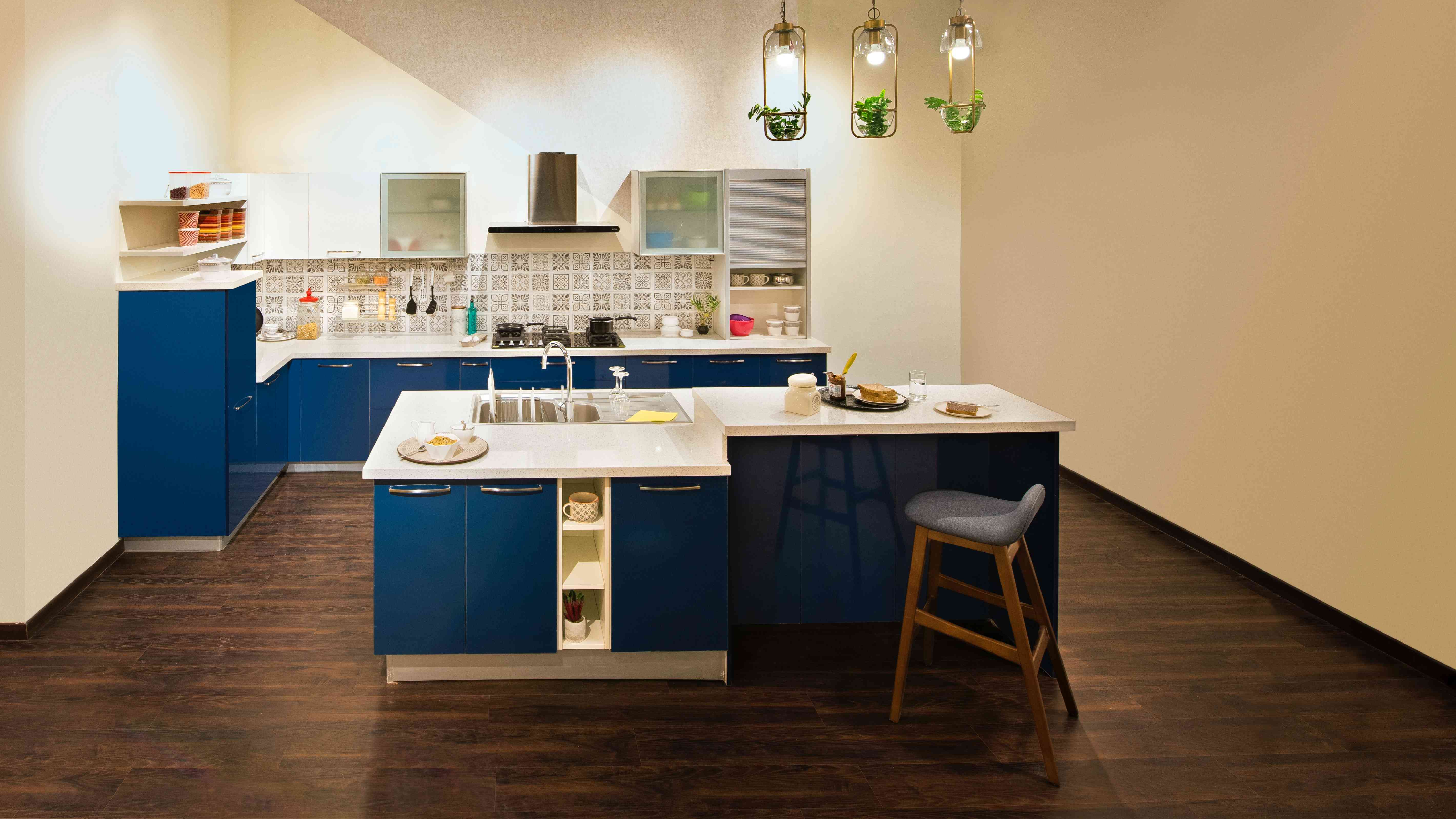 Modern Modular U-Shaped Kitchen Design With Blue Cabinets