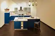 Modern Modular U-Shaped Kitchen Design With Blue Cabinets