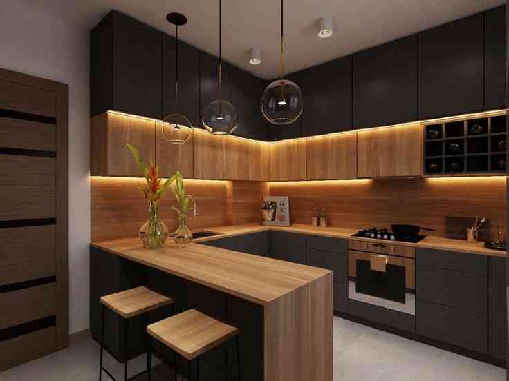 Contemporary Black And Tectona L-Shaped Kitchen Design With Wooden Storage Units