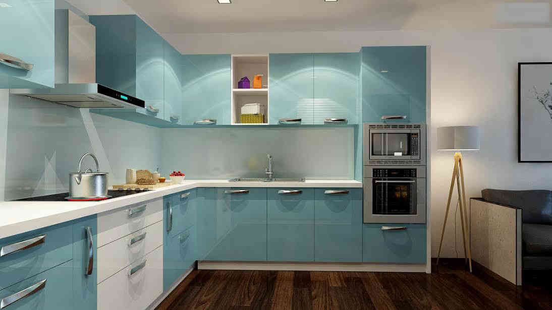L-Shaped Modular Kitchen Design With Ice Blue Colored Storage Units