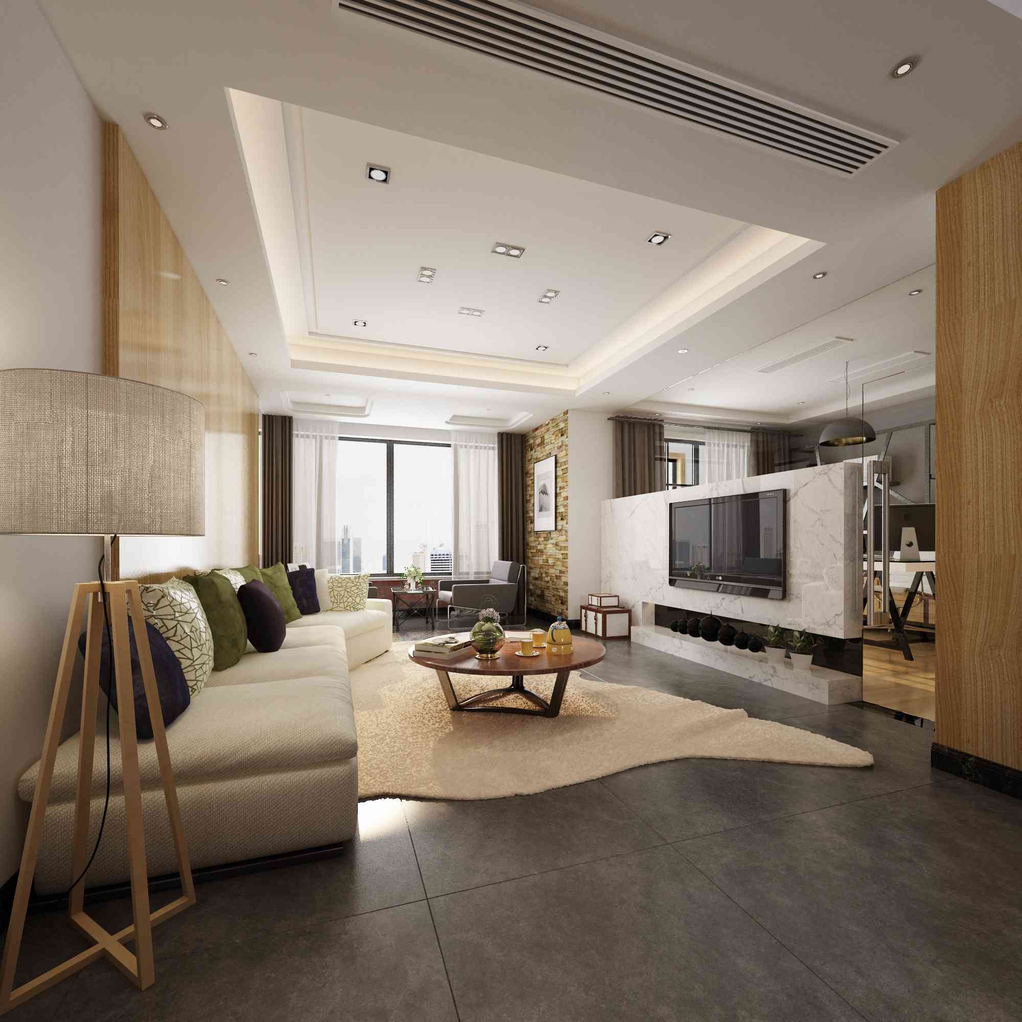 Contemporary Beige Living Room Design With TV Unit