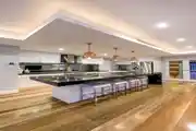 Contemporary Off-White Modular Island Kitchen Design With Wooden Flooring