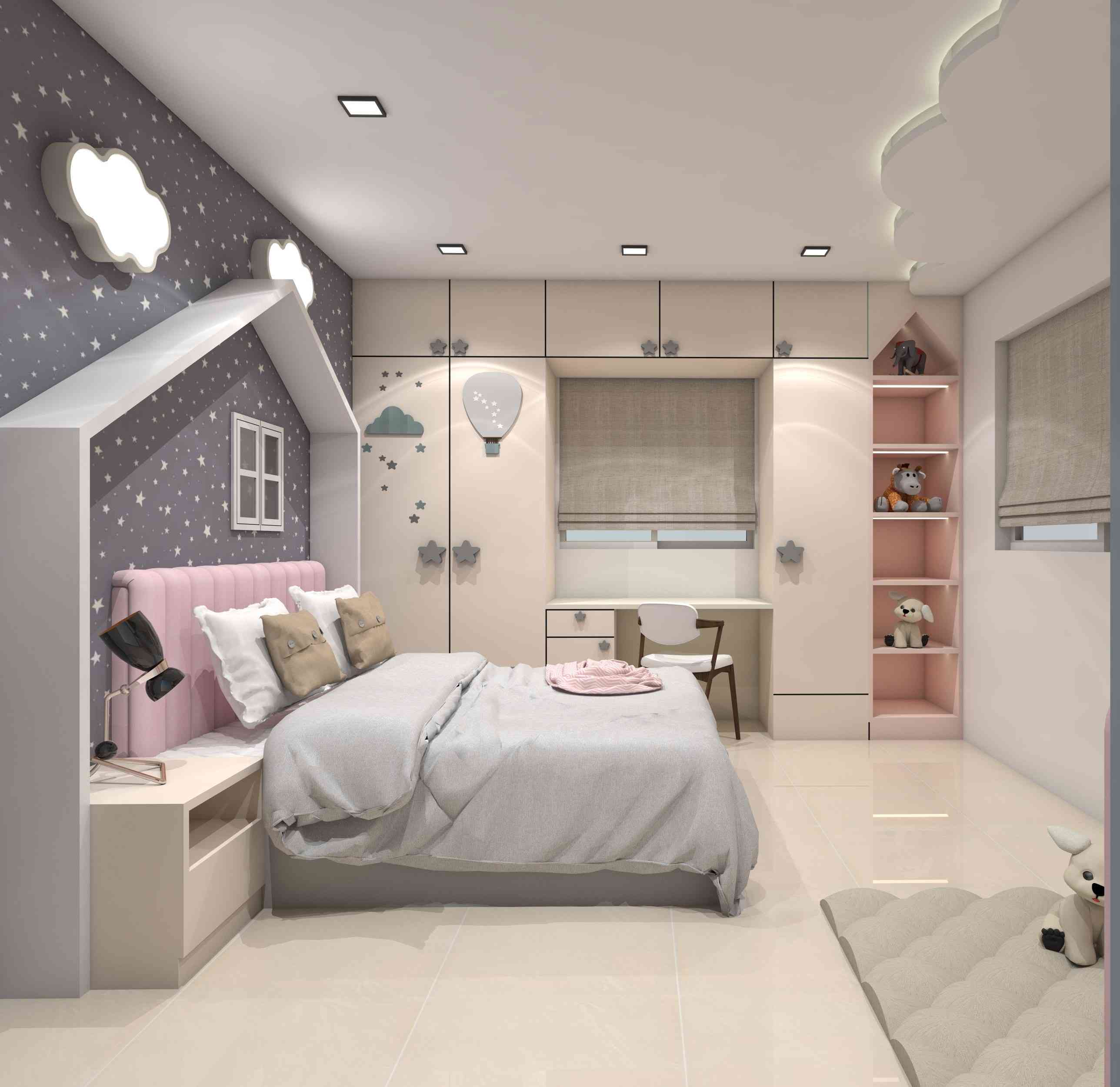 Girls Bedroom Designed in Grey and Pink Combination