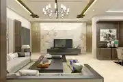 Minimal Beige Living Room Design With A Chandelier