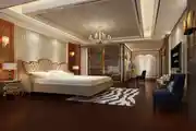 Modern Bedroom With Reverse False Ceiling Design And Wooden Flooring