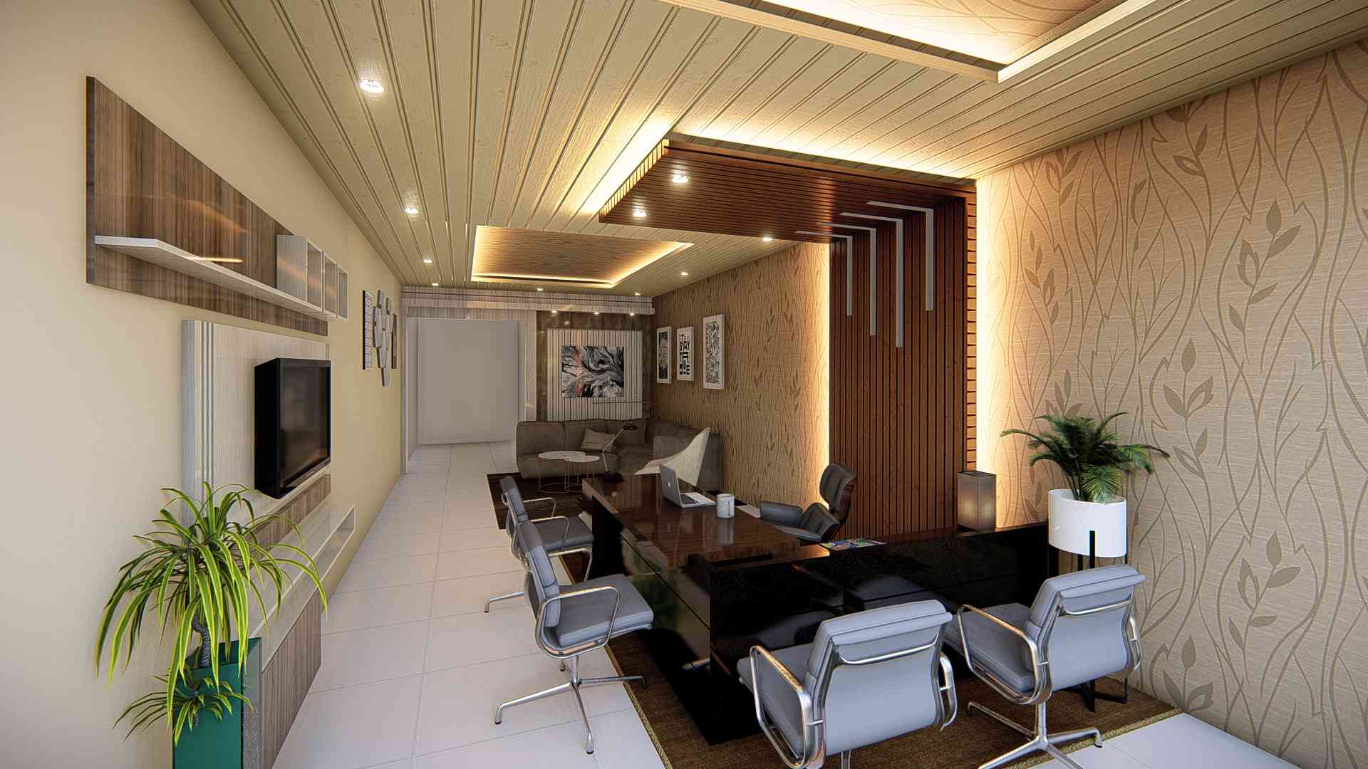 Small Office Interior With Modern False Ceiling Light