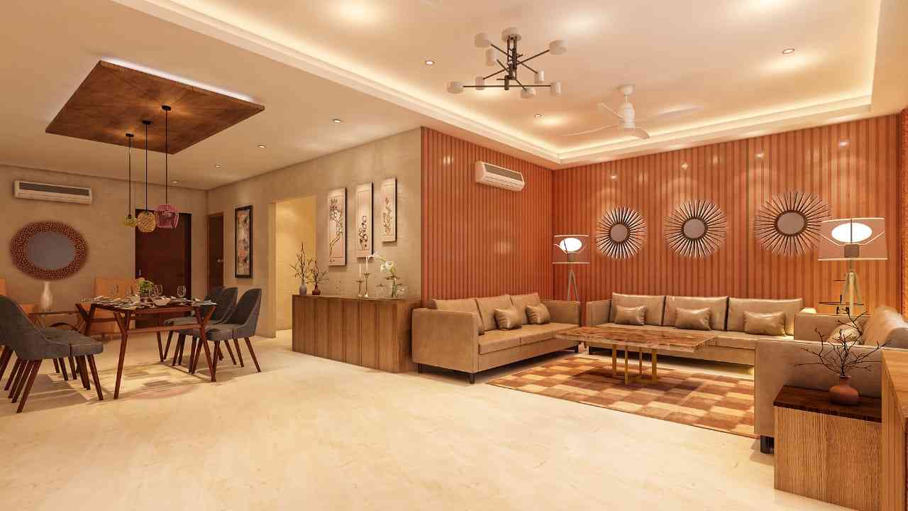 Modern Living Room Design With Faux Leather Brown Sofa And Textured Walls
