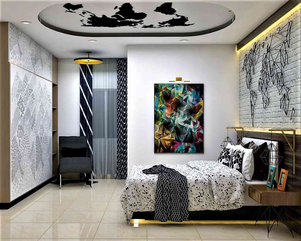 Contemporary Master Bedroom Design With An Artistic Wall