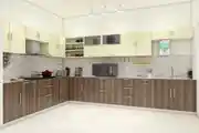 Modern L-Shaped Kitchen Design With Grey Textured Dado Tiles