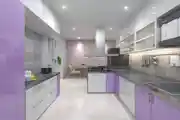 Contemporary U-Shaped Modular Kitchen Design With White And Purple Cabinets