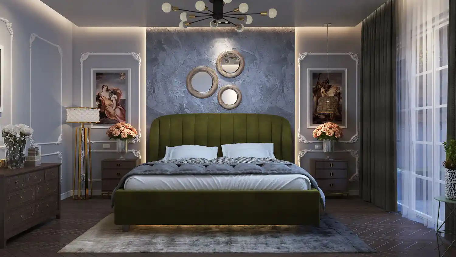 Modern Bedroom Interior With A Grey Upholstered Bed by Diviana Interior ...