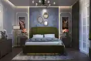 Modern Bedroom Interior With A Grey Upholstered Bed