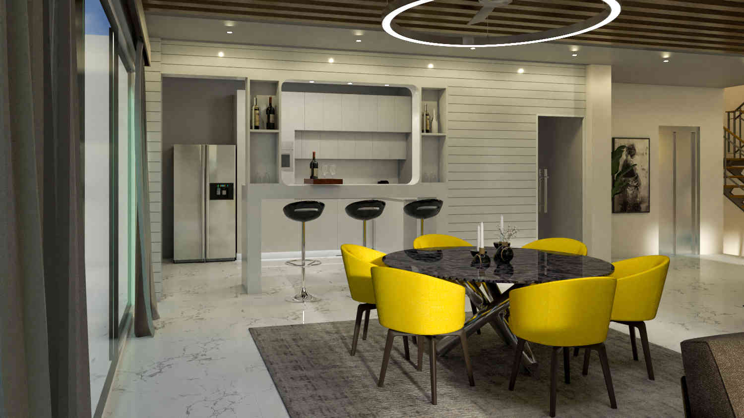 Modern Dining Room Interior With Yellow And Tropical Inspired Chair