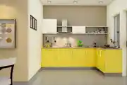 Modern Modular L-Shaped Kitchen Design With Yellow  Cabinets