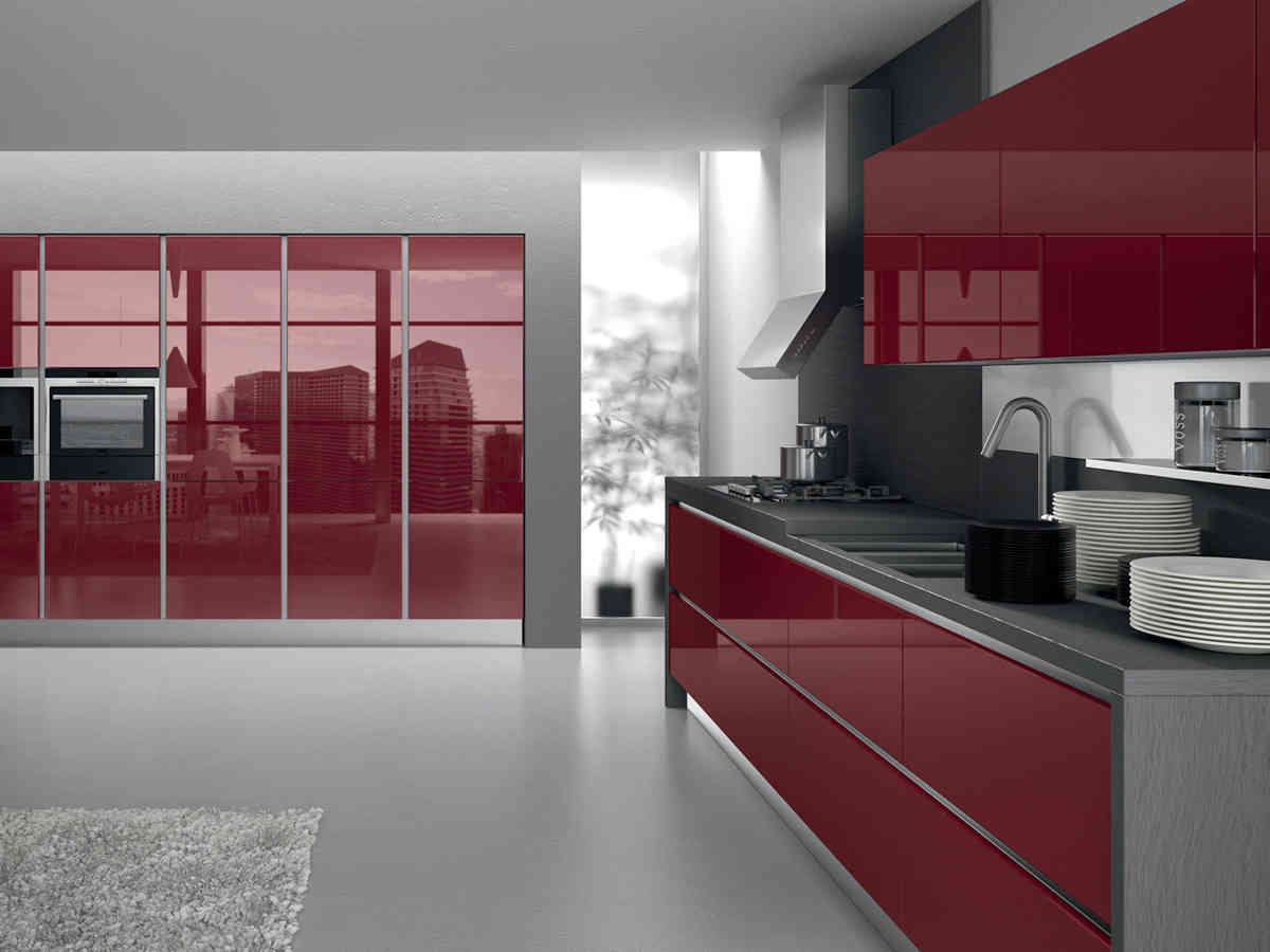 Gloss Laminate Modern Kitchen With Red Cupboard