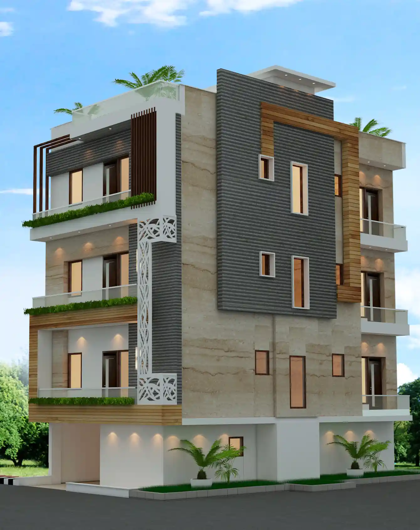 House Front Elevation Design For Triple-Floor House by Nakul Sharma ...