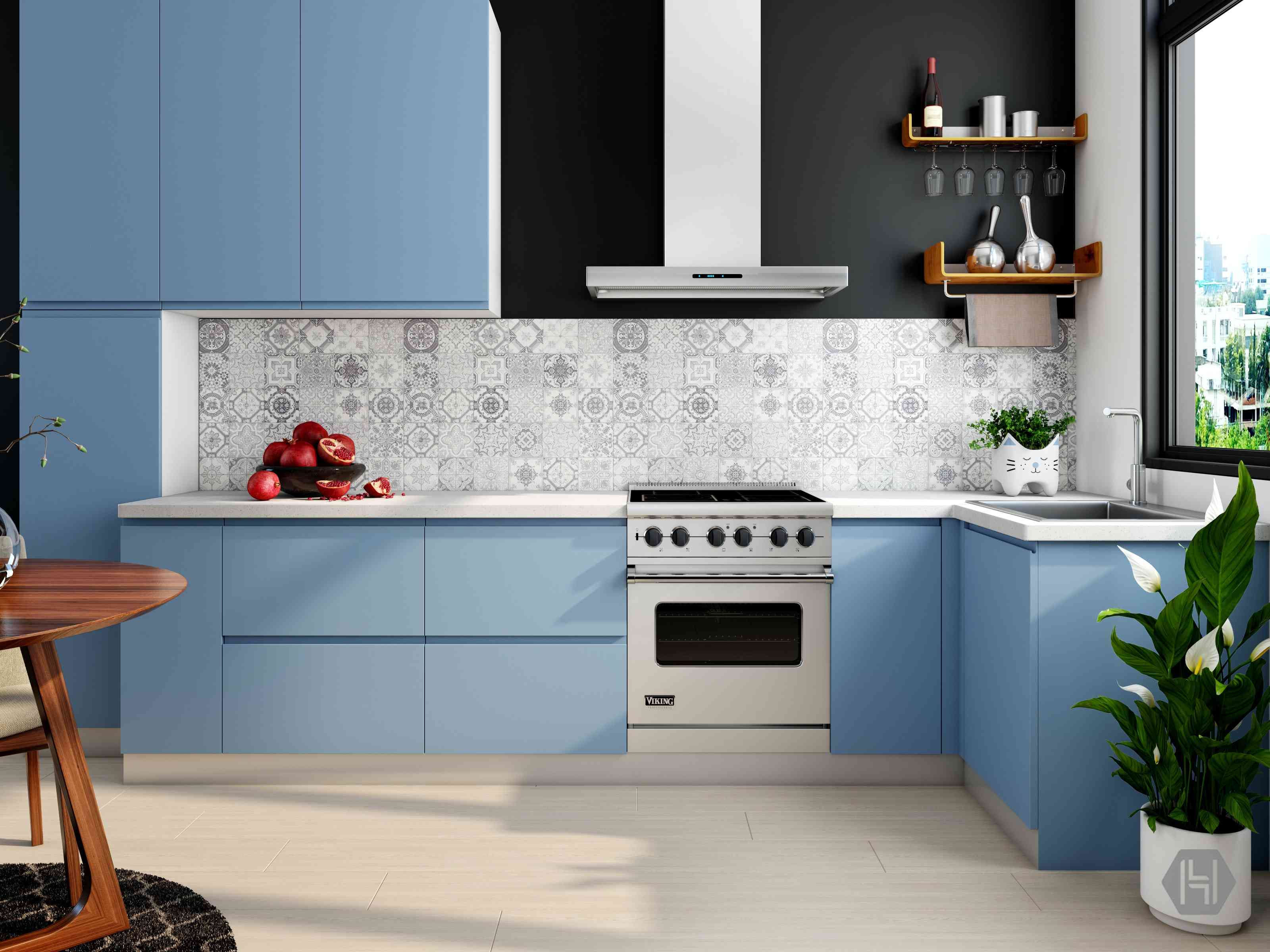 Modern Open Straight L-Shaped Modular Kitchen Design With Blue Loft Units