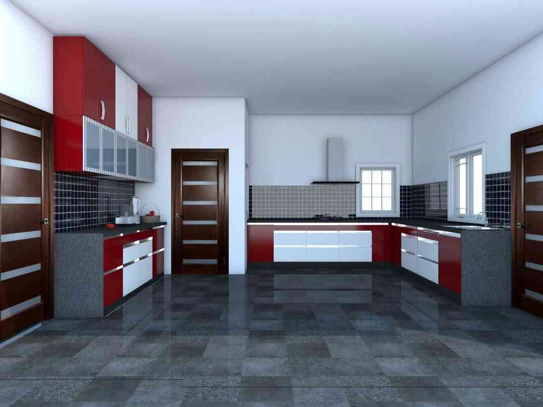 Contemporary U-Shaped Modular Kitchen Design With Red And White Cabinets