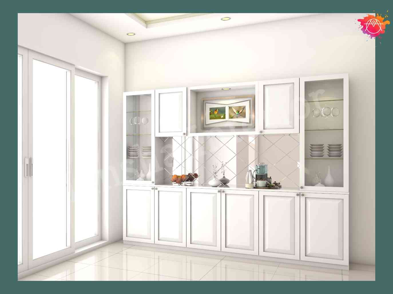 Kitchen Crockery Unit With Off White Cabinets And Loft Storage