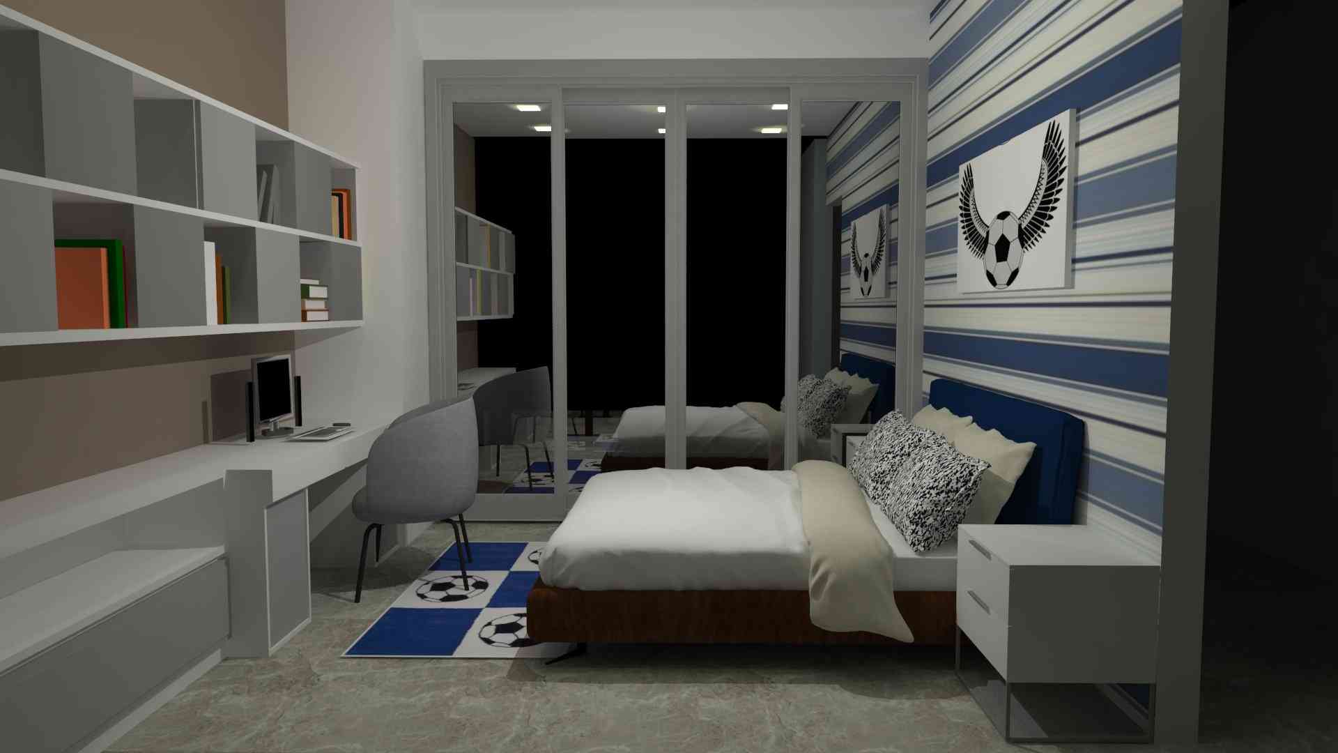 Modern Bedroom With Furniture And Wallpaper, Balcony View