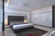 Modern Master Bedroom Deign With Grey Upholstered Bed
