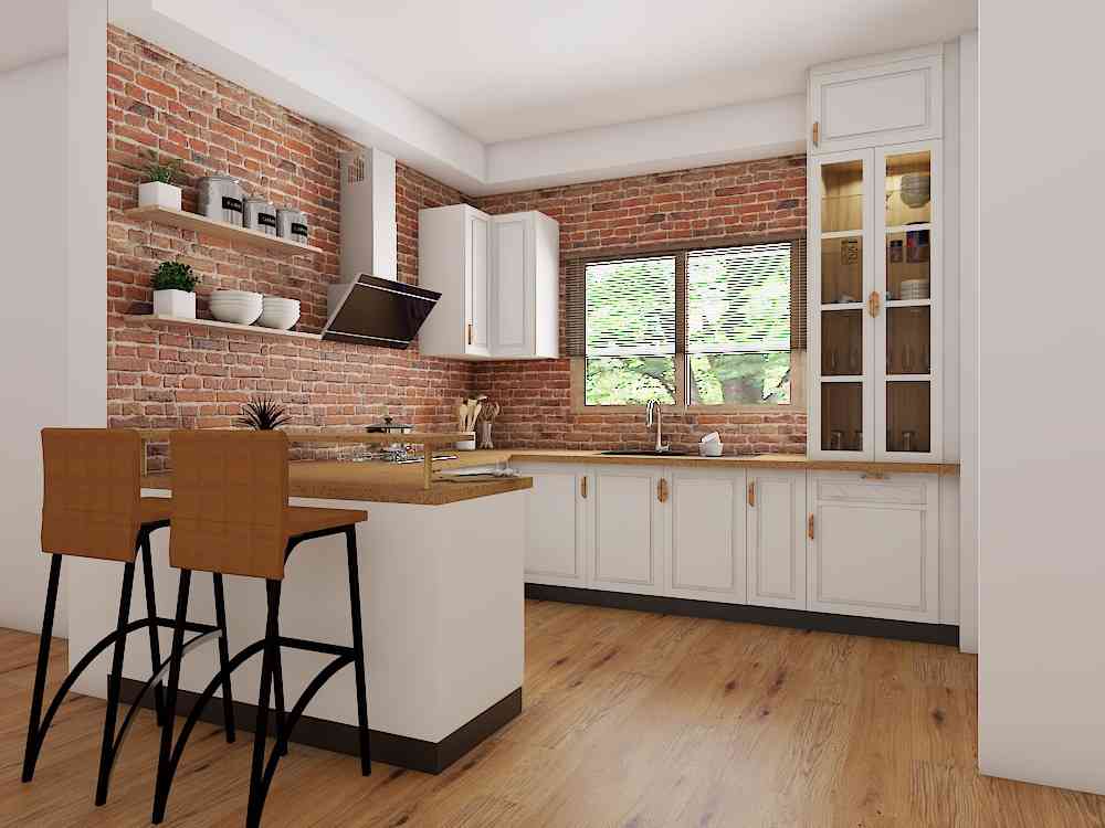 Contemporary L-Shaped Modular Kitchen Design With Exposed Brick Wall