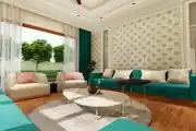 Contemporary Drawing Room Design With A Green Fabric Sofa