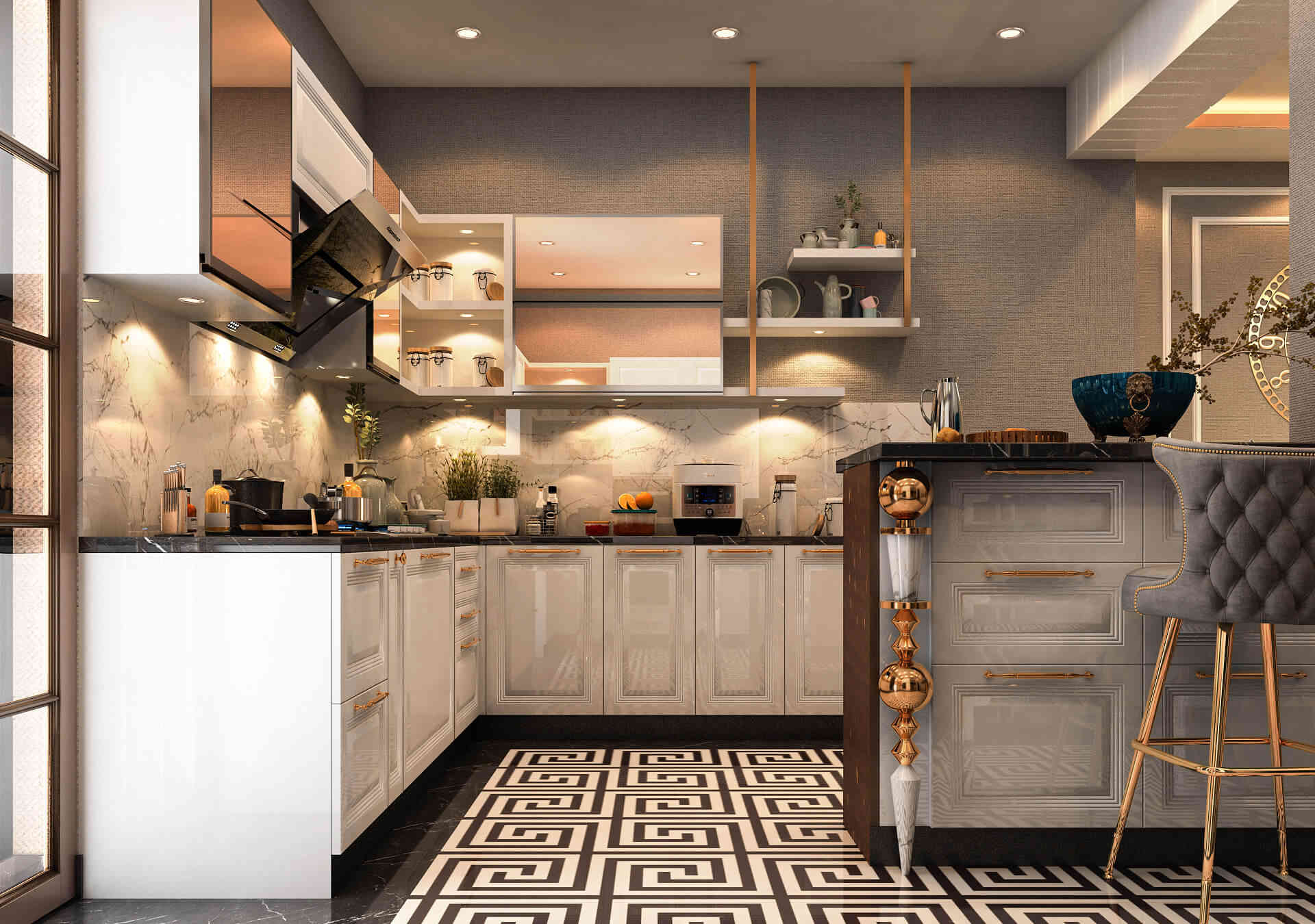 Elegantly Designed Modular Kitchen With Geometric Shape Floor Tiles