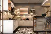 Elegantly Designed Modular Kitchen With Geometric Shape Floor Tiles