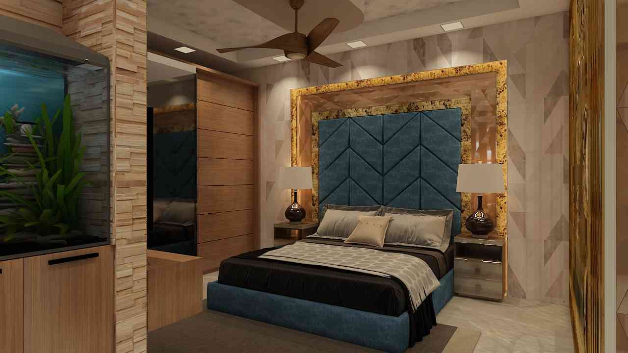 Classic Modern Bedroom Design In Golden And Blue Shade