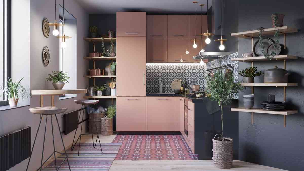 Modern Open Kitchen Design With Rose Pink Cabinets And Loft Unit