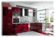 Modern L-Shaped Kitchen Design With Red And Grey Cabinets