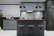 Classic Modular Island Kitchen Design With Black Granite Countertops