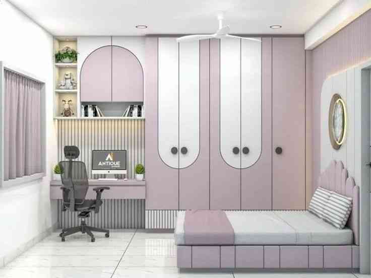 Modern Pastel-Themed Bedroom With Built-in Study Desk