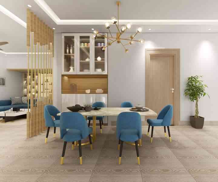 Modern 6-Seater Wooden Dining Room Design With Navy Blue Tufted Chairs